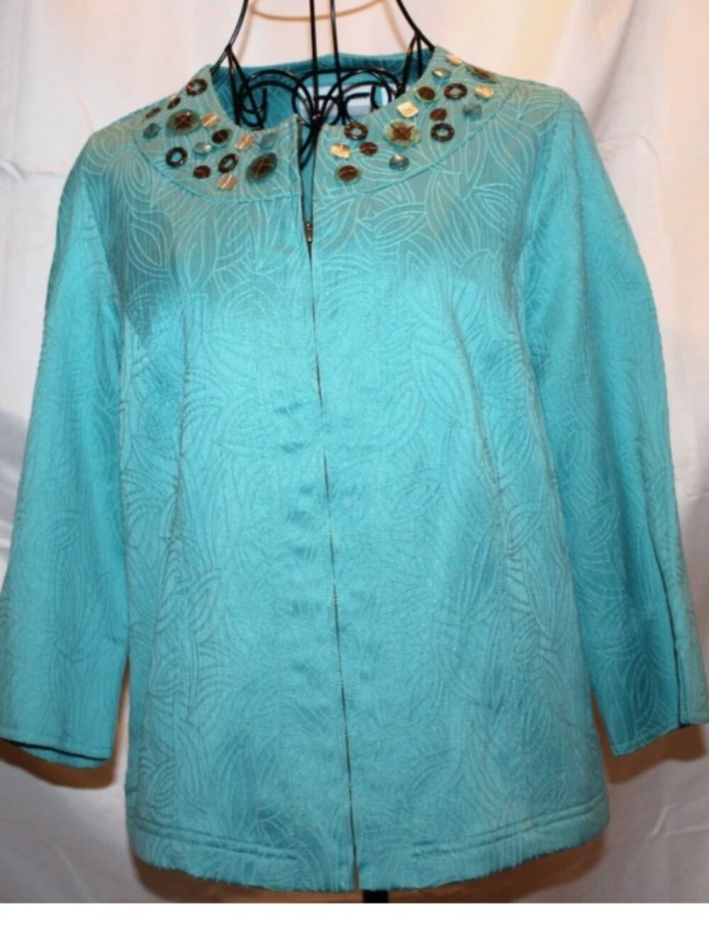 Alfred Dunner Petite 8 P Aqua Blue Textured Full Zip Jacket Embellished Neckline
